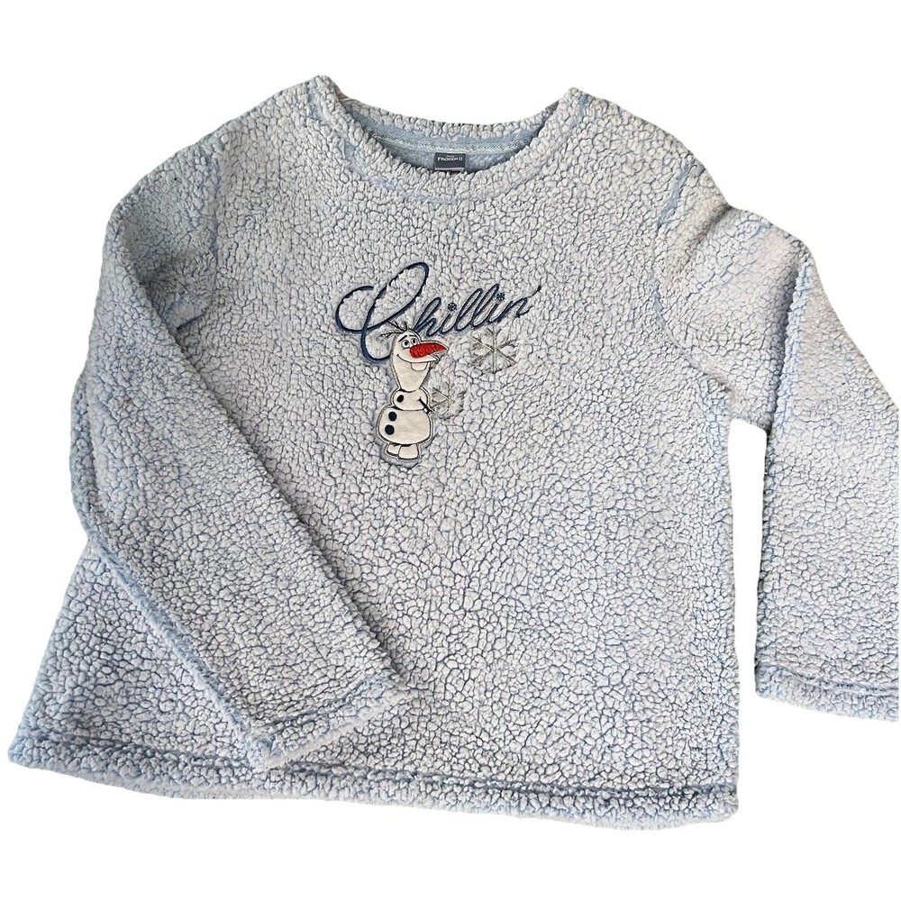 Disney Frozen 2 Olaf Sherpa Pullover SShirt L 12-14 Faux Fur Sleepwear Blue Tile